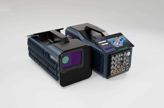 Front and rear view of a scanning vibrometer showing data acquisition ports on the back.