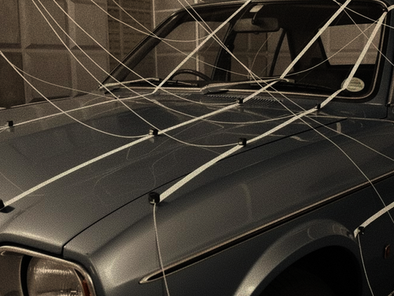 An automobile with wired accelerometers attached to measure and visualize vibration behavior.