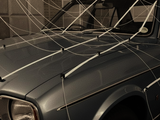 Ein Auto, an das Beschleuniggungssensoren per Kabel verbunden sind, um die Schwingung zu Messen und zu visualisieren