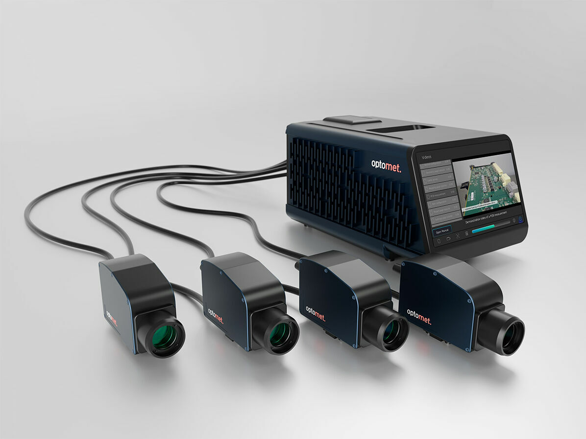 Laser Doppler vibrometer with four connected fiber heads linked to the main unit via cables. A measurement image is displayed on the unit’s screen.