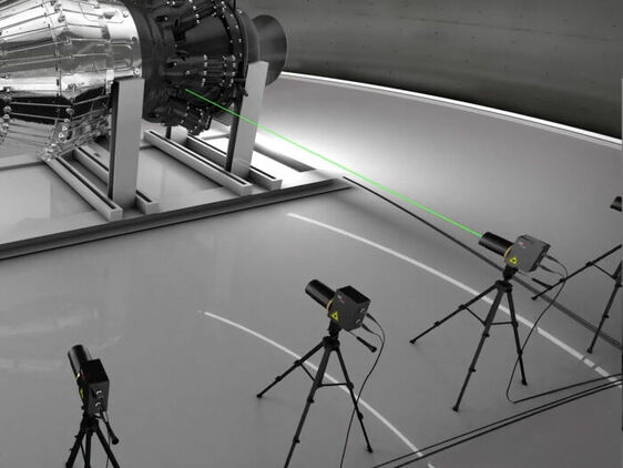 Multi-point laser vibrometry setup on a turbine with multiple measurement stations and aligned laser beams.