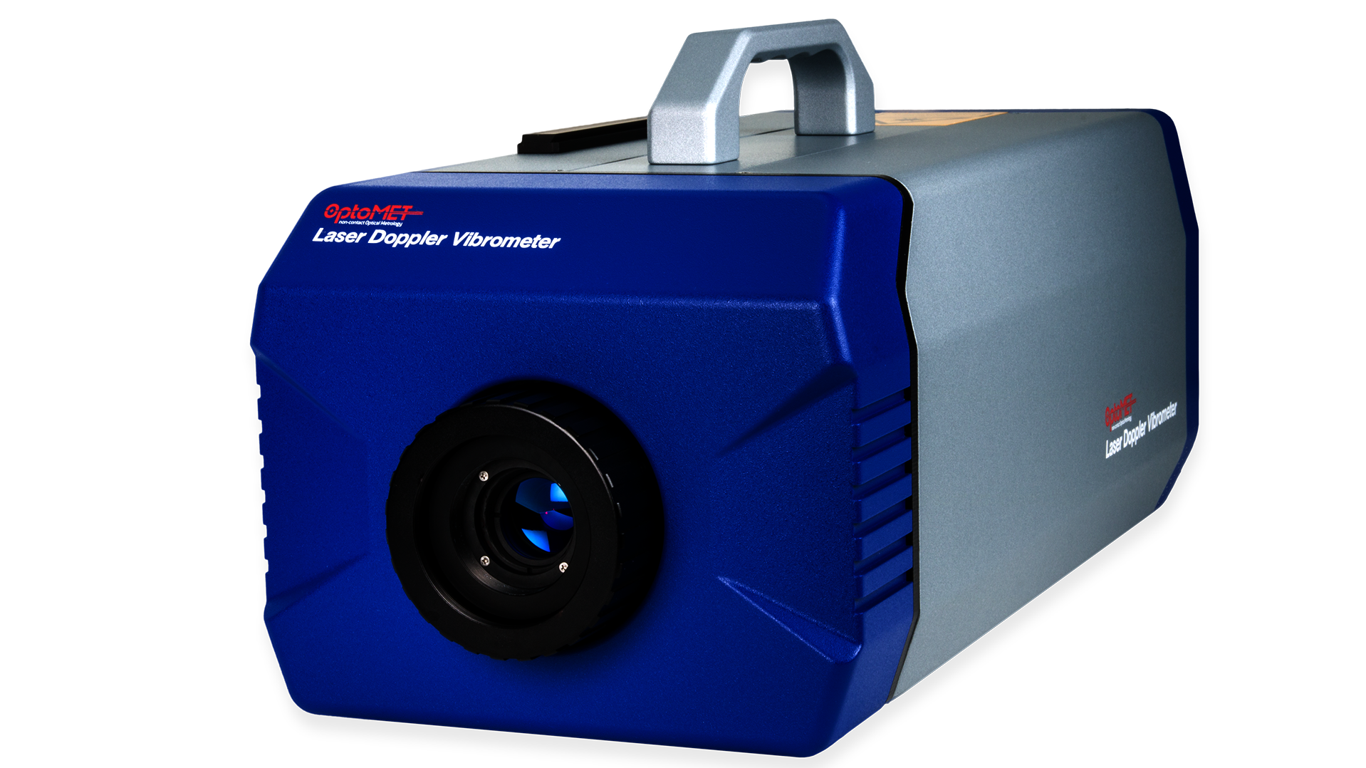 Abgebildet wir ein Vector Laser Vibrometer mit einer blauen Fornt, in der eine Kameralinse eingebaut ist. Der Korpus des Gerätes ist in grau. In der oberen Mitte des Gerätes befindet sich ein Griff, um dieses leicht von a nach b transportieren zu können.