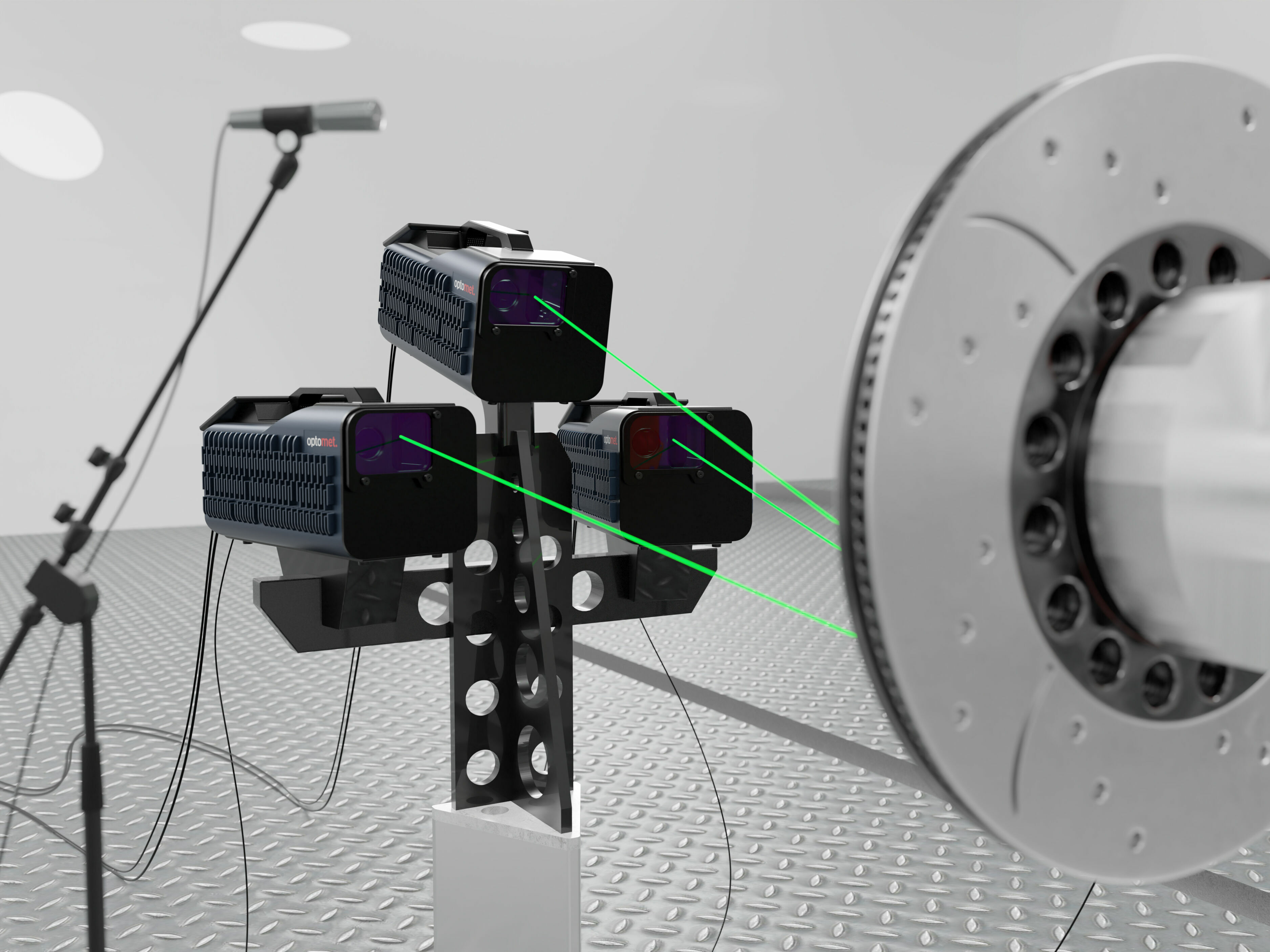 3D-Scanning Laser-Doppler-Vibrometer consisting of three scanning vibrometers analyzing a brake disc with laser beams.