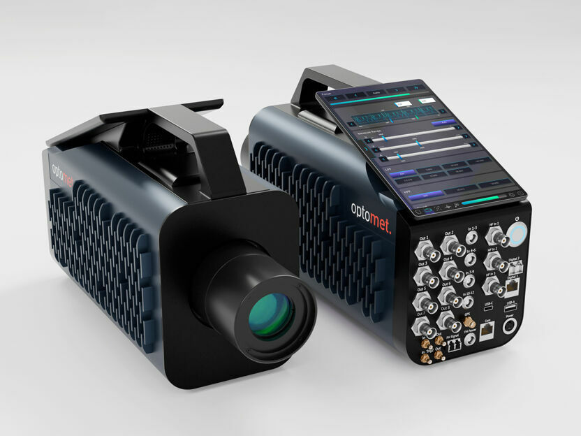 Single-point Laser Doppler Vibrometer shown from the front and rear; front side with optical unit, rear side with display and connectors.