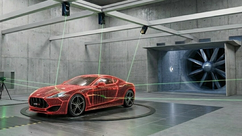 Several scanning laser vibrometers analyze the vibration of a car in the wind tunnel