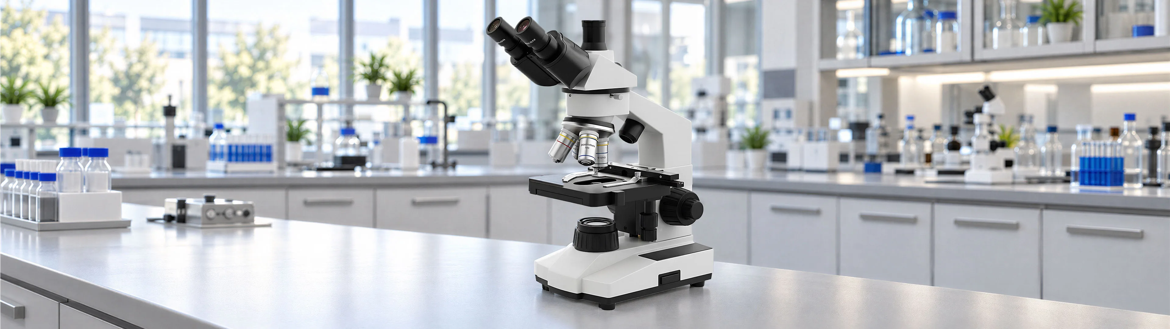 Binocular microscope on a laboratory bench with glass cabinets and natural daylight