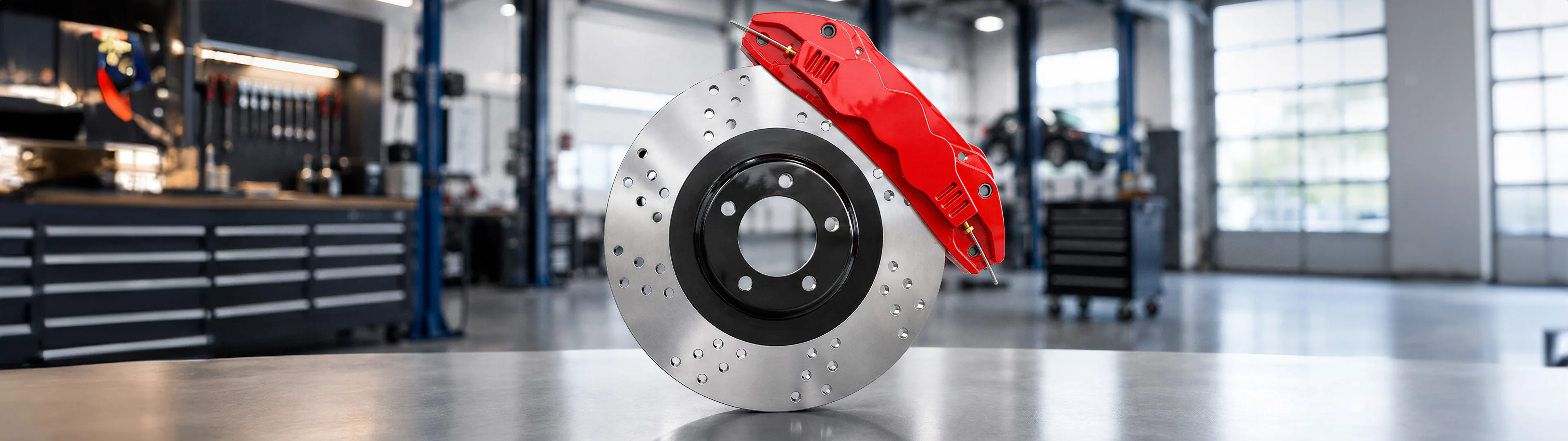 Automotive brake disc in a workshop environment for vibration testing