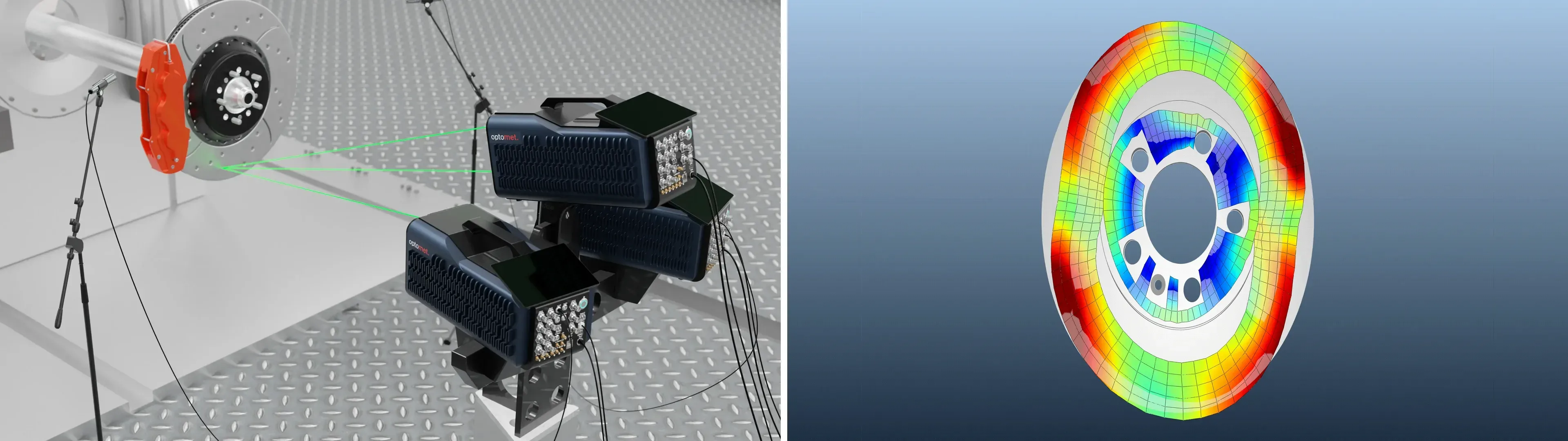 Links: Drei Optomet-SMART-3D-Scanköpfe richten grüne Laserstrahlen auf eine Bremsscheibe am Prüfstand. Rechts: gemessene tangentiale In-Plane-Mode bei 12.448 Hz als farbcodierte Verformung der Scheibe.