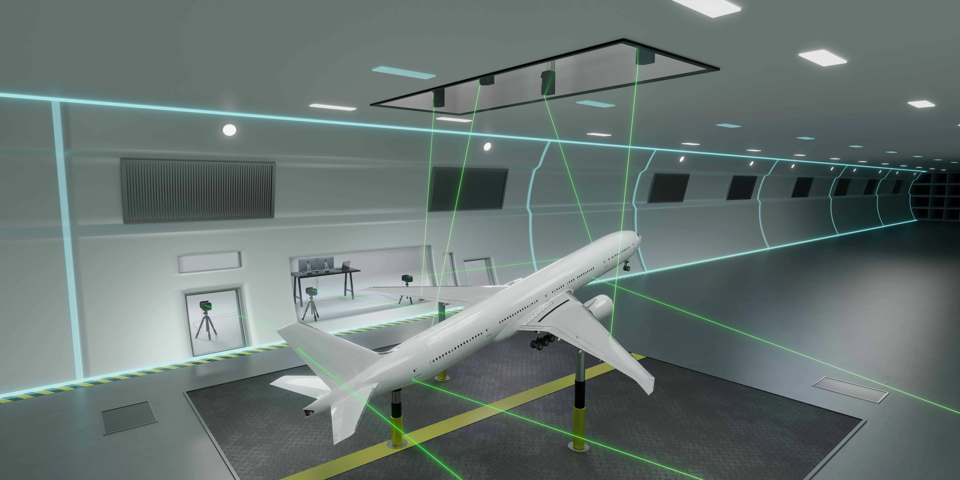 Model samolotu w tunelu aerodynamicznym podczas pomiaru drgań całego modelu.