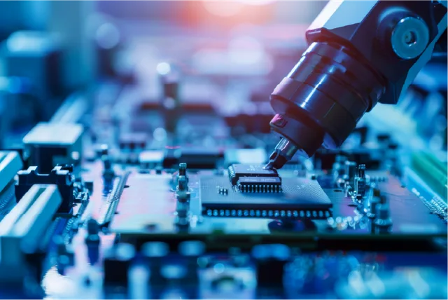 Inspekcja elektronicznej płytki drukowanej jako ilustracja kontroli jakości za pomocą pomiaru drgań.