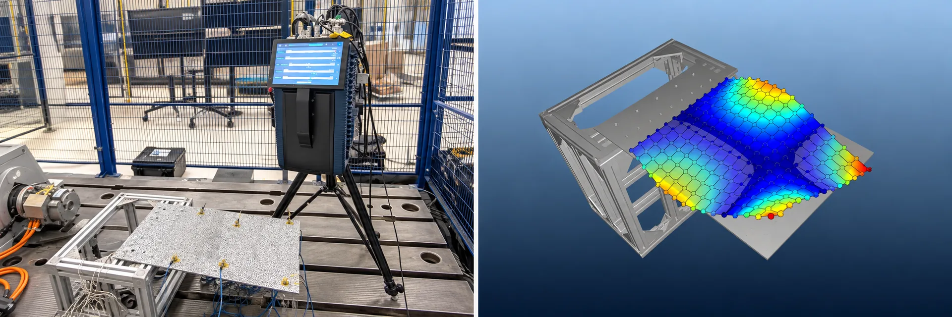 KI-gestützte Montage zur FE-Modellvalidierung: Prüfaufbau mit Scanning-Vibrometer und Platte links, farbcodierte Modelldarstellung rechts.