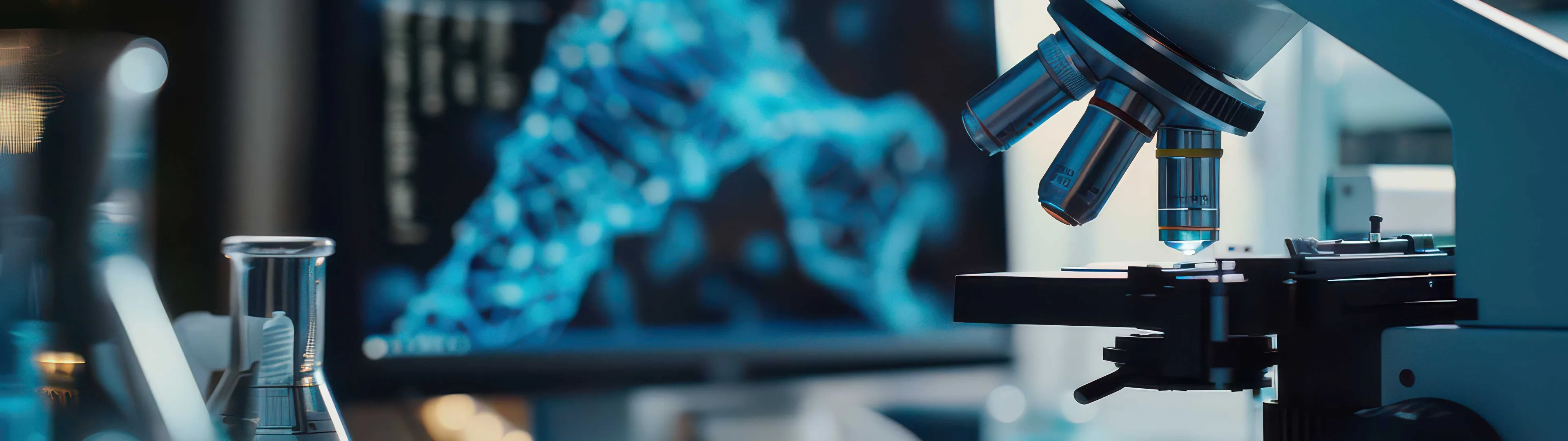 Mikroskop laboratoryjny i wizualizacja DNA jako ilustracja badań biotechnologicznych.