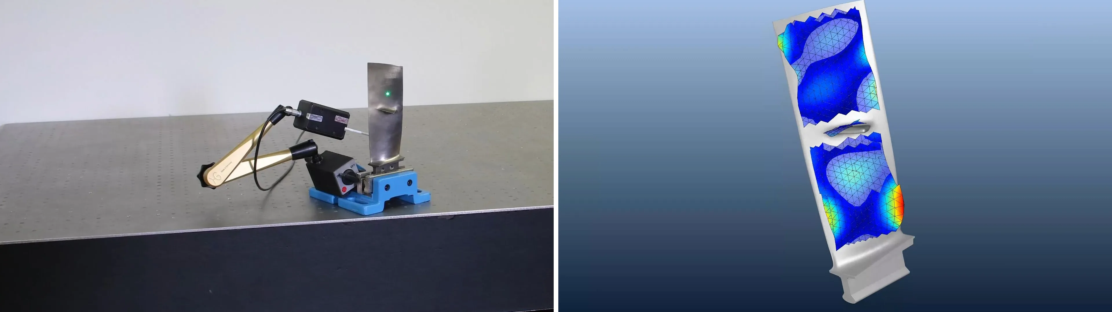 Links eine eingespannte Turbinenschaufel mit Modalhammer und Laser-Messpunkt, rechts ihre gemessene, farbcodierte Schwingungsform auf dem CAD-Modell.