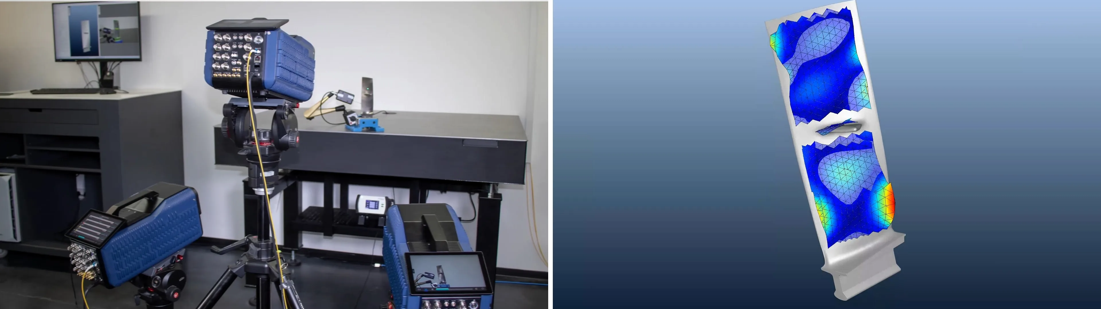 Links drei Optomet SMART Scan+ um eine Turbinenschaufel im Labor, rechts die damit gemessene, farbcodierte Schwingungsform der Schaufel auf dem CAD-Modell.