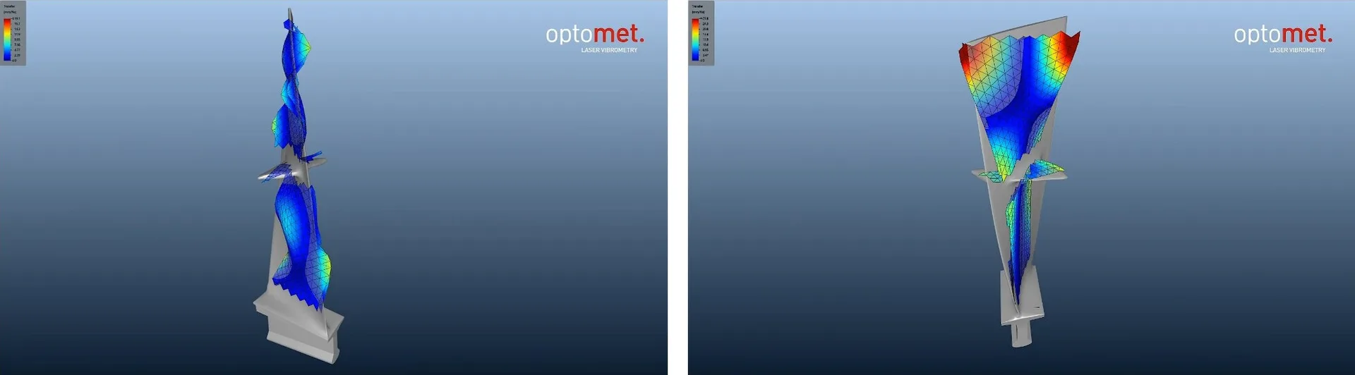 Zwei Ansichten einer Turbinenschaufel im Vergleich von Out-of-Plane- und In-Plane-Schwingung einer kleinen Finne bei unterschiedlichen Frequenzen.