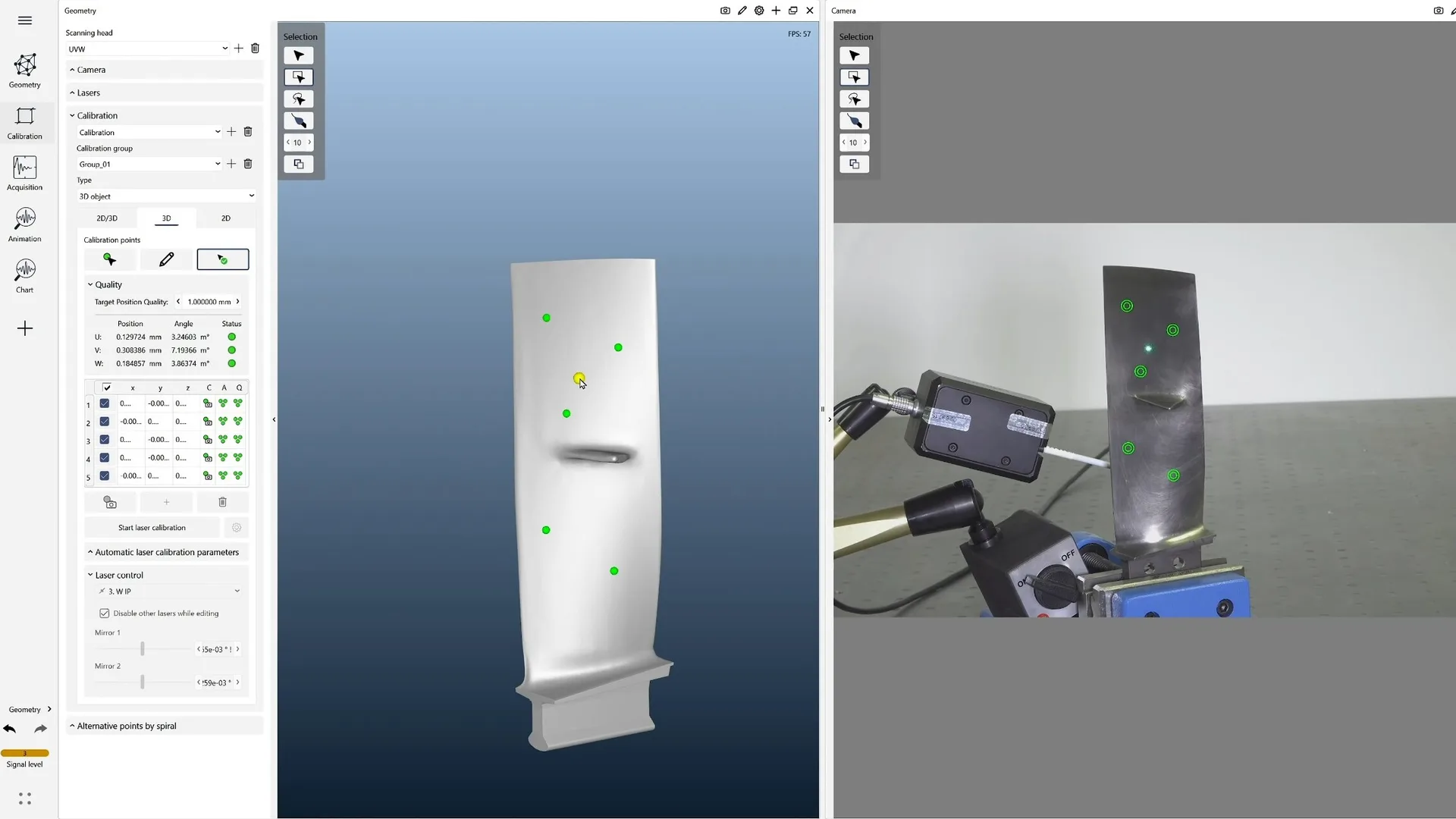 Geteilte Ansicht von Kalibrierpunkten auf dem 3D-Modell und den entsprechenden Punkten auf der realen Turbinenschaufel.
