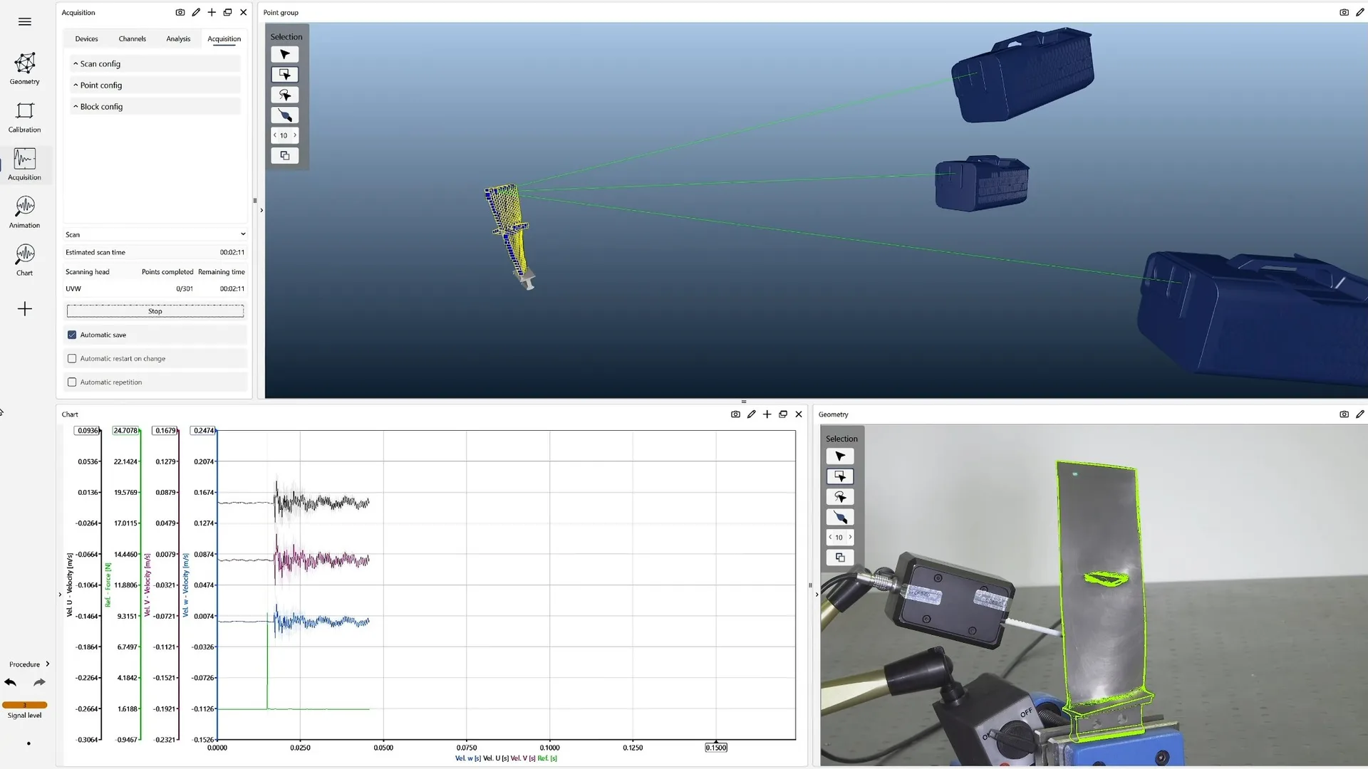 Live-Ansicht in SMART Lab mit Messgeometrie, Zeitsignal und Kamerabild während der Datenerfassung.