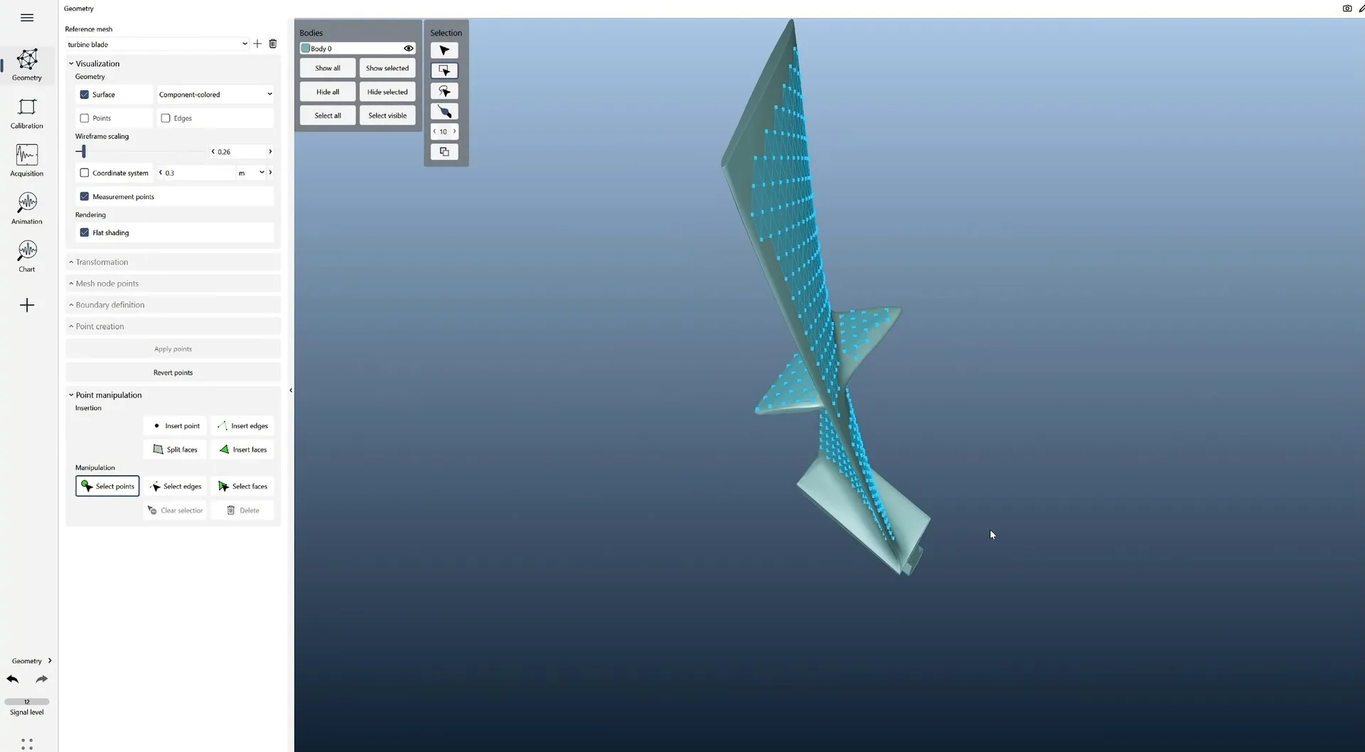 3D-Modell einer Turbinenschaufel mit rund 800 definierten Messpunkten in der SMART-Lab-Software.