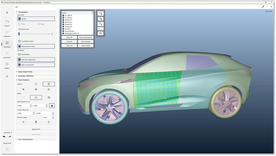 Puntos de medición en un modelo 3D de un vehículo.