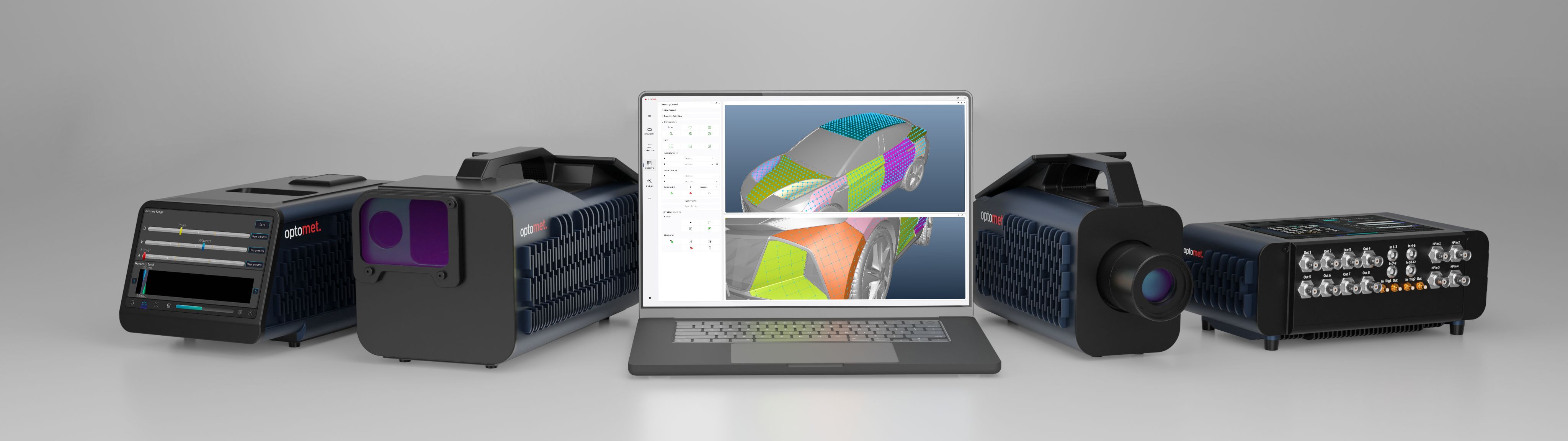 Familia de vibrómetros láser Optomet con software y hardware de medición.