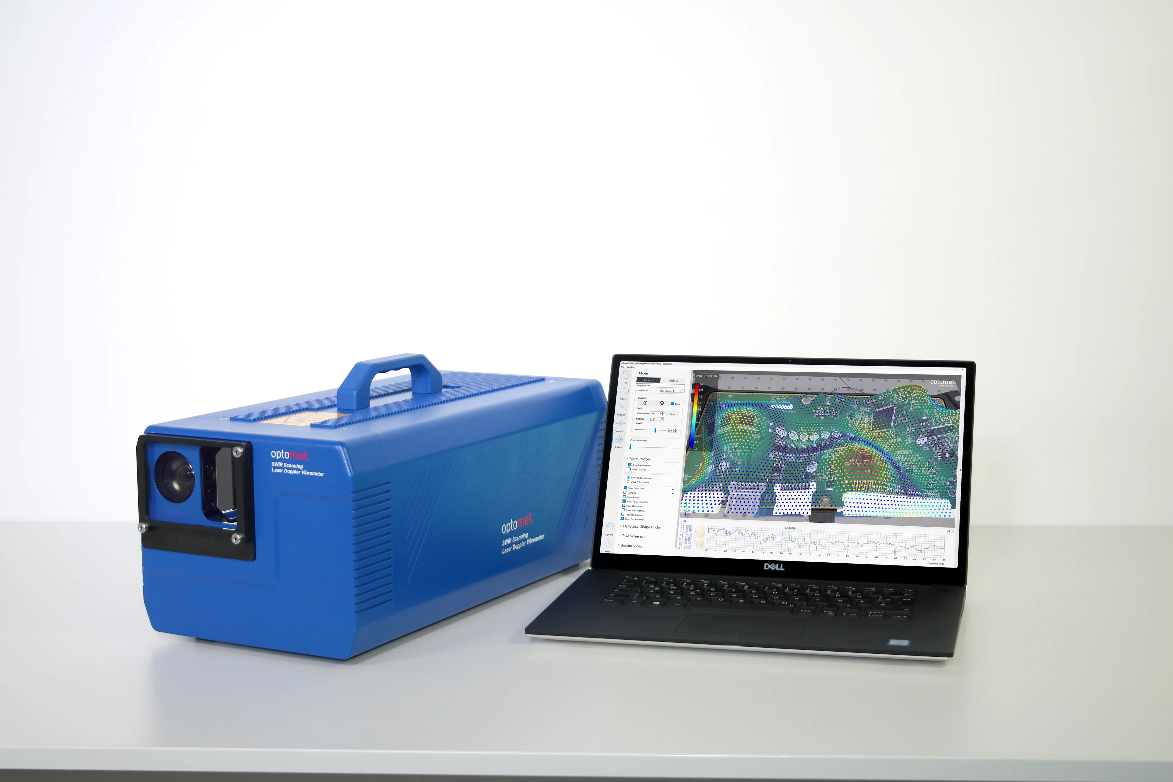 Vibromètre laser à balayage Optomet avec logiciel d’analyse vibratoire sur ordinateur portable.