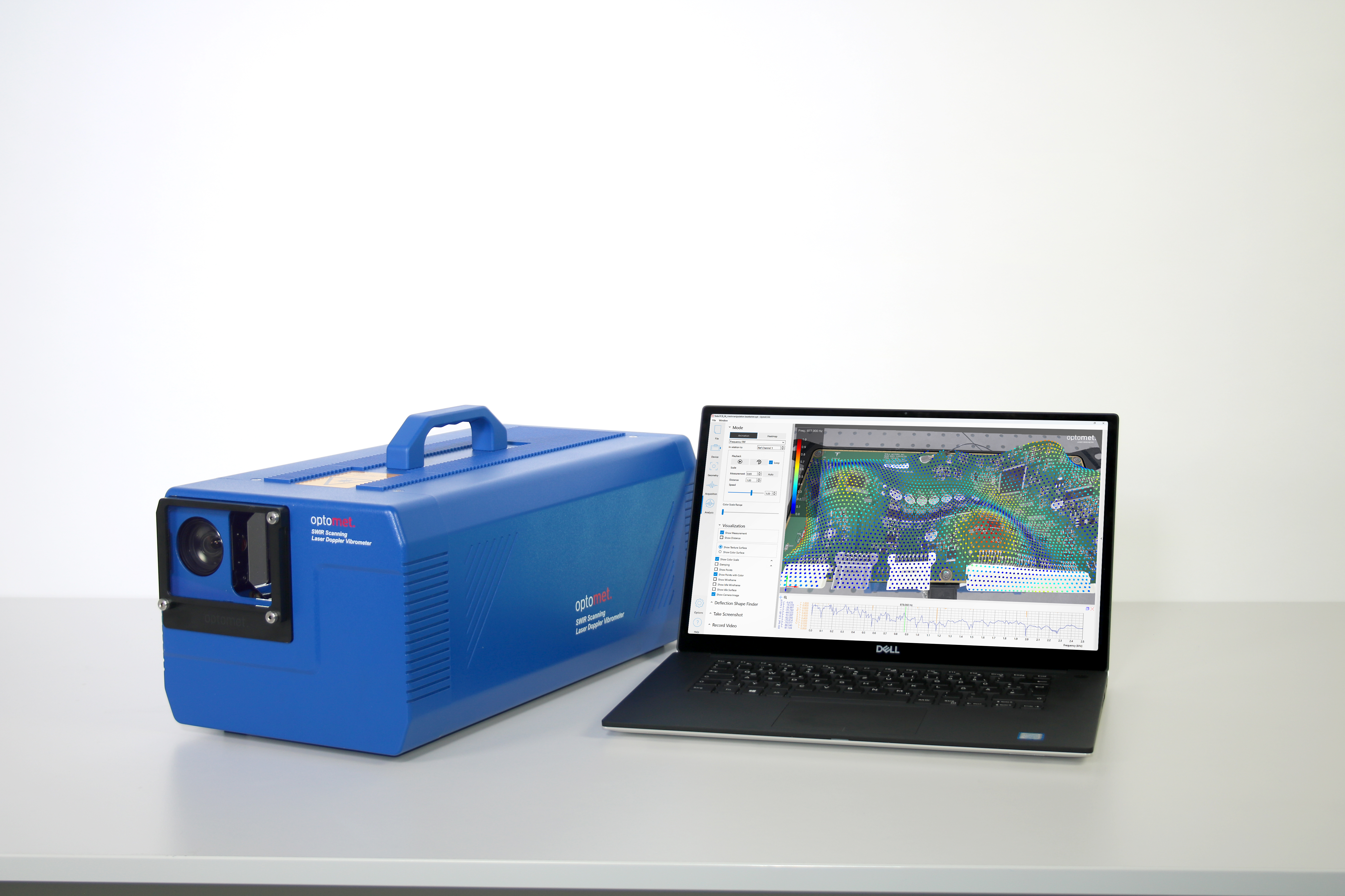 Vibrómetro láser de barrido Optomet con software para el análisis de vibraciones en un portátil.