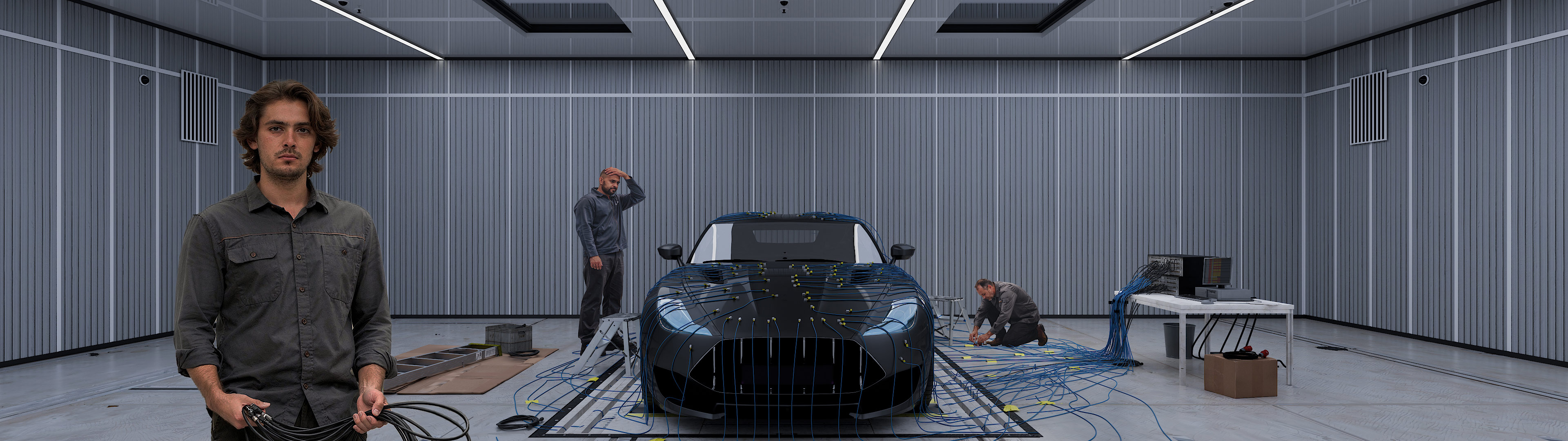Conventional vibration testing on cars using cables and accelerometers.