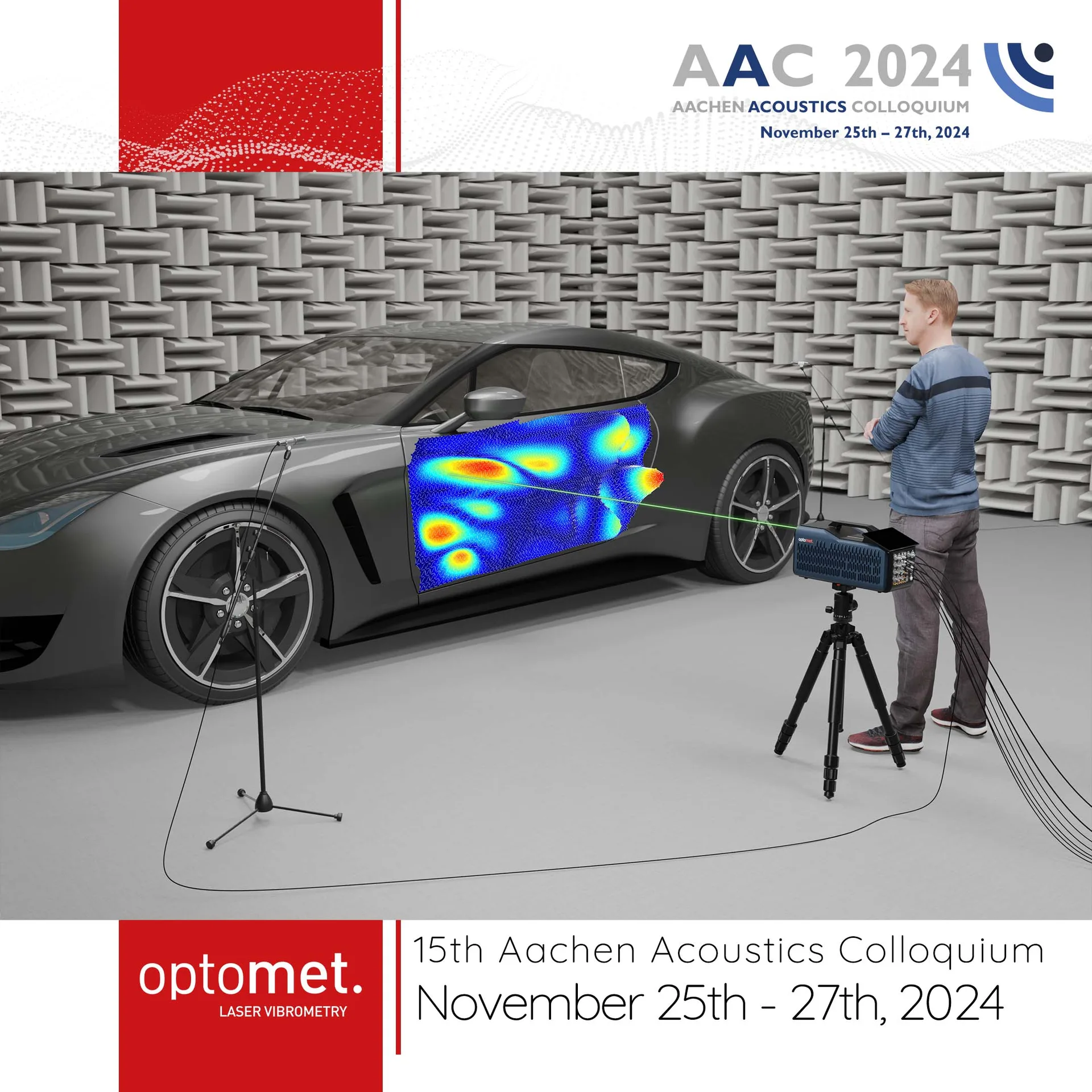 Реклама Optomet, посвящённая лазерной виброметрии в автомобильной отрасли, на AAC 2024.