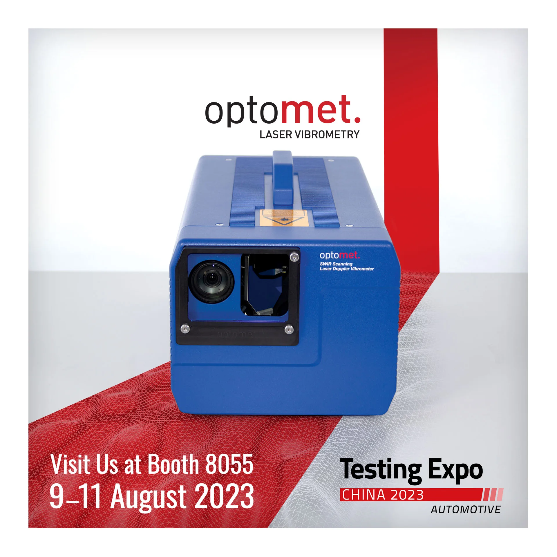 Реклама Optomet для выставки Automotive Testing Expo China с изображением лазерного виброметра.