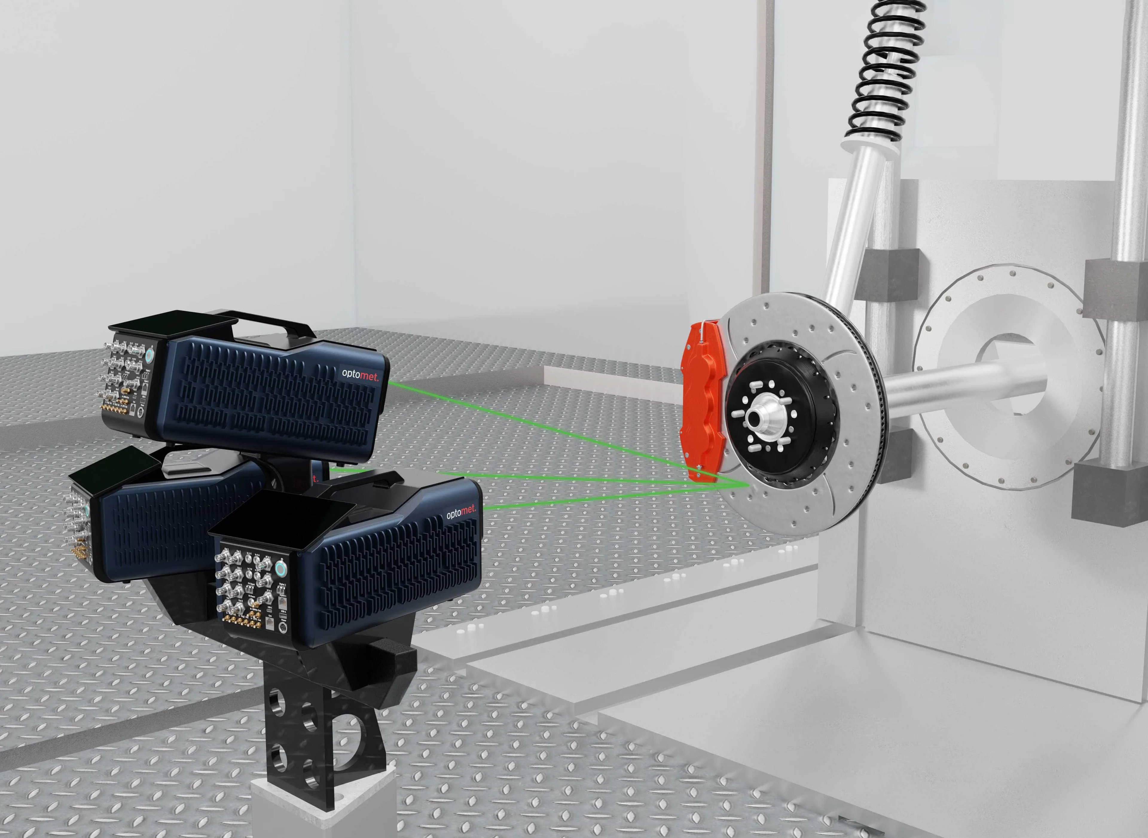 Configuración de vibrometría láser 3D para la medición de un disco de freno.