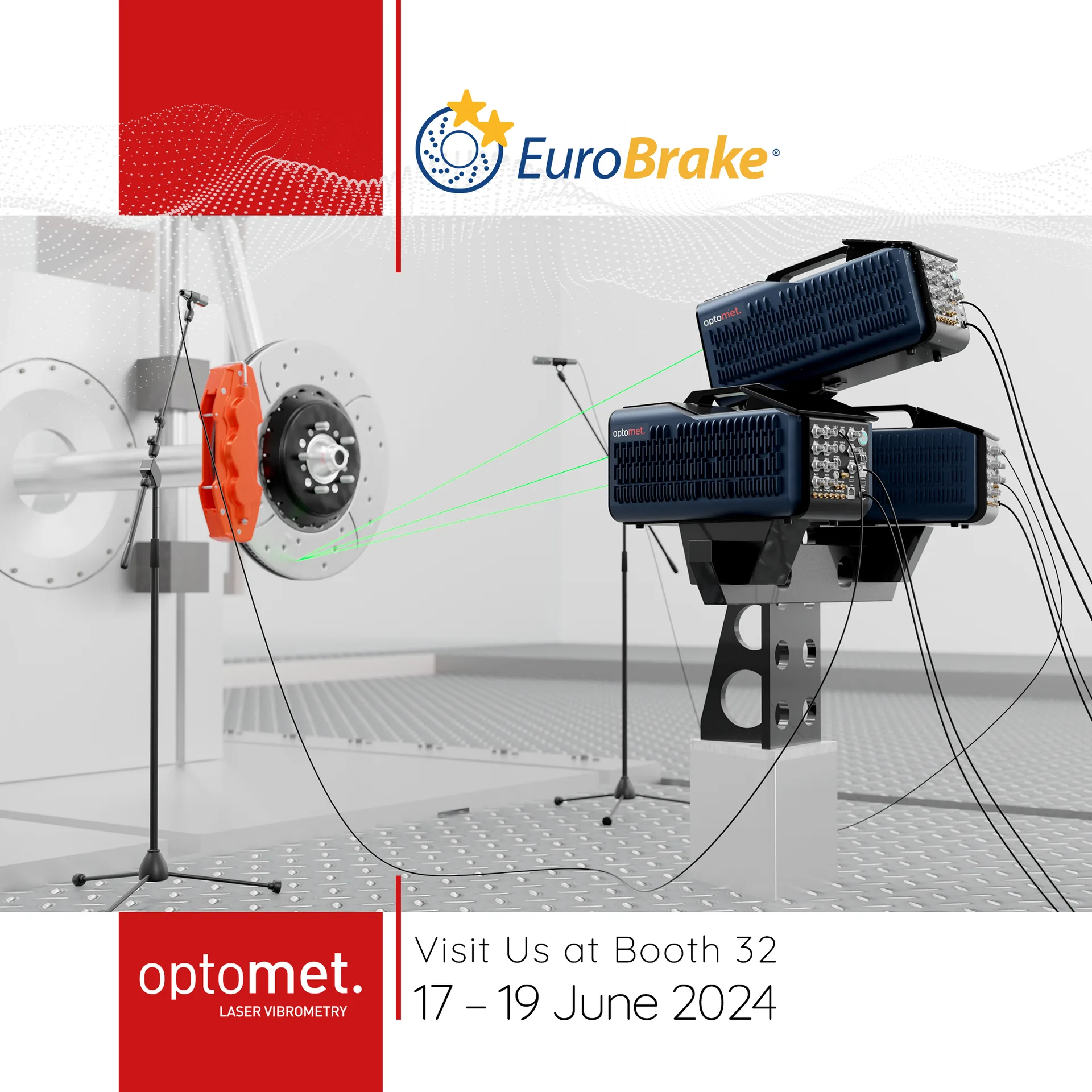 Реклама Optomet для EuroBrake 2026 с 3D-сканирующим лазерным виброметром.