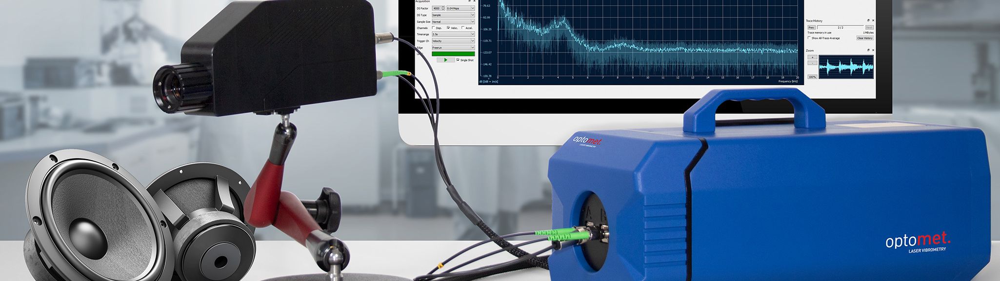 Configuración de medición con un vibrómetro láser acoplado por fibra y software de análisis.