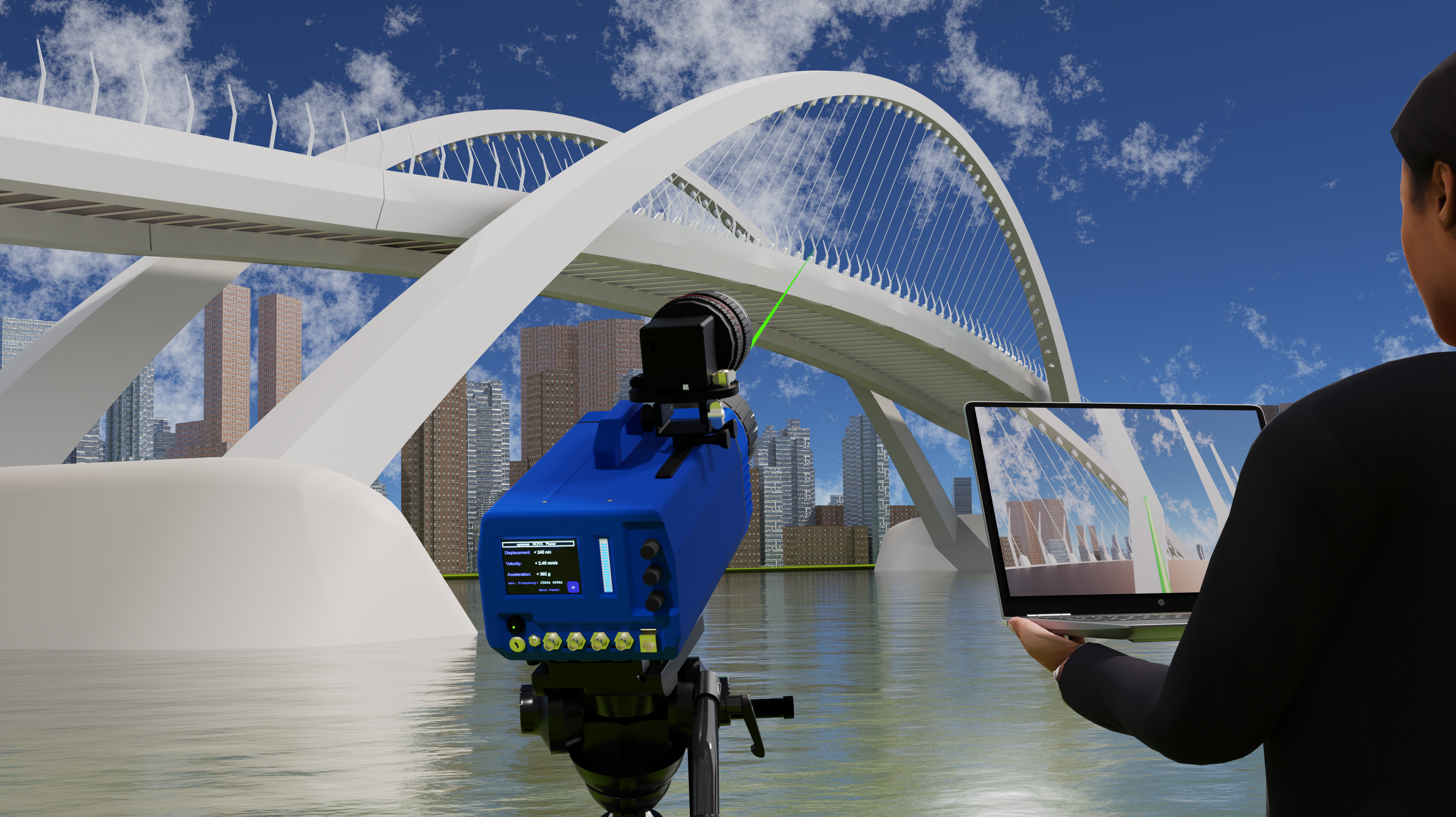 Medición de vibraciones en un puente a gran distancia con un vibrómetro láser Optomet Vector.