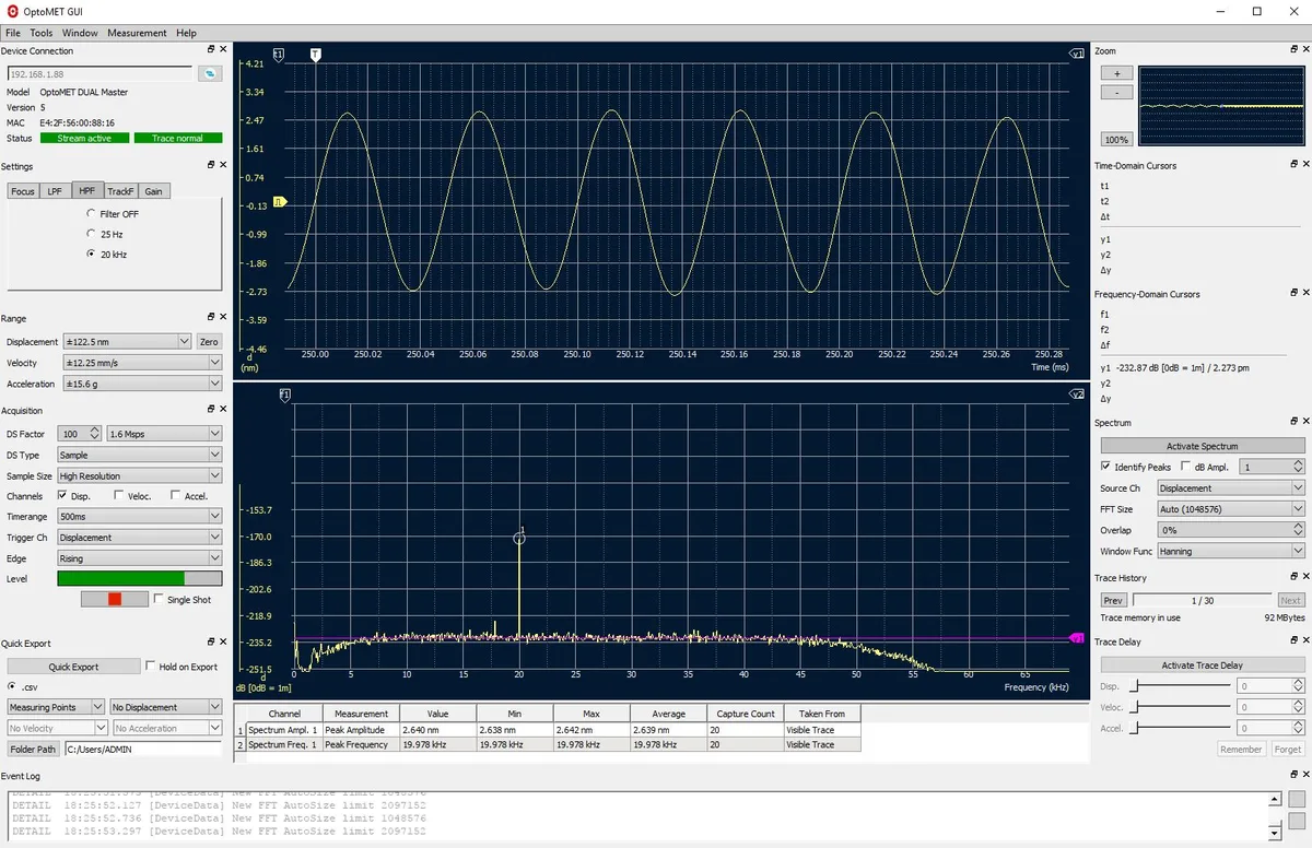 Interface utilisateur du logiciel de vibrométrie laser OptoGUI affichant les données d’une mesure vibratoire.