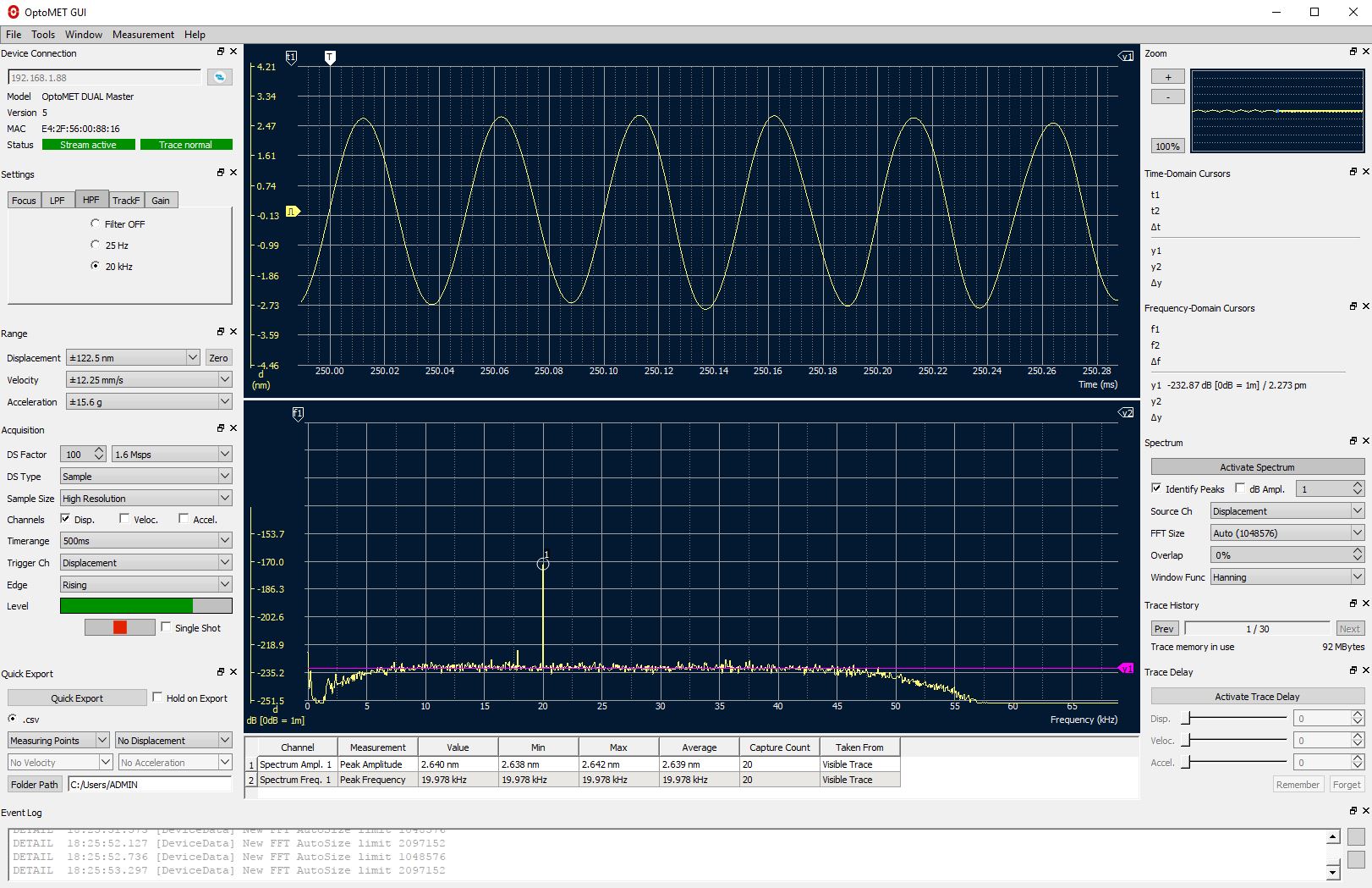 Interfaz de usuario del software de vibrometría láser OptoGUI con datos de una medición de vibraciones.