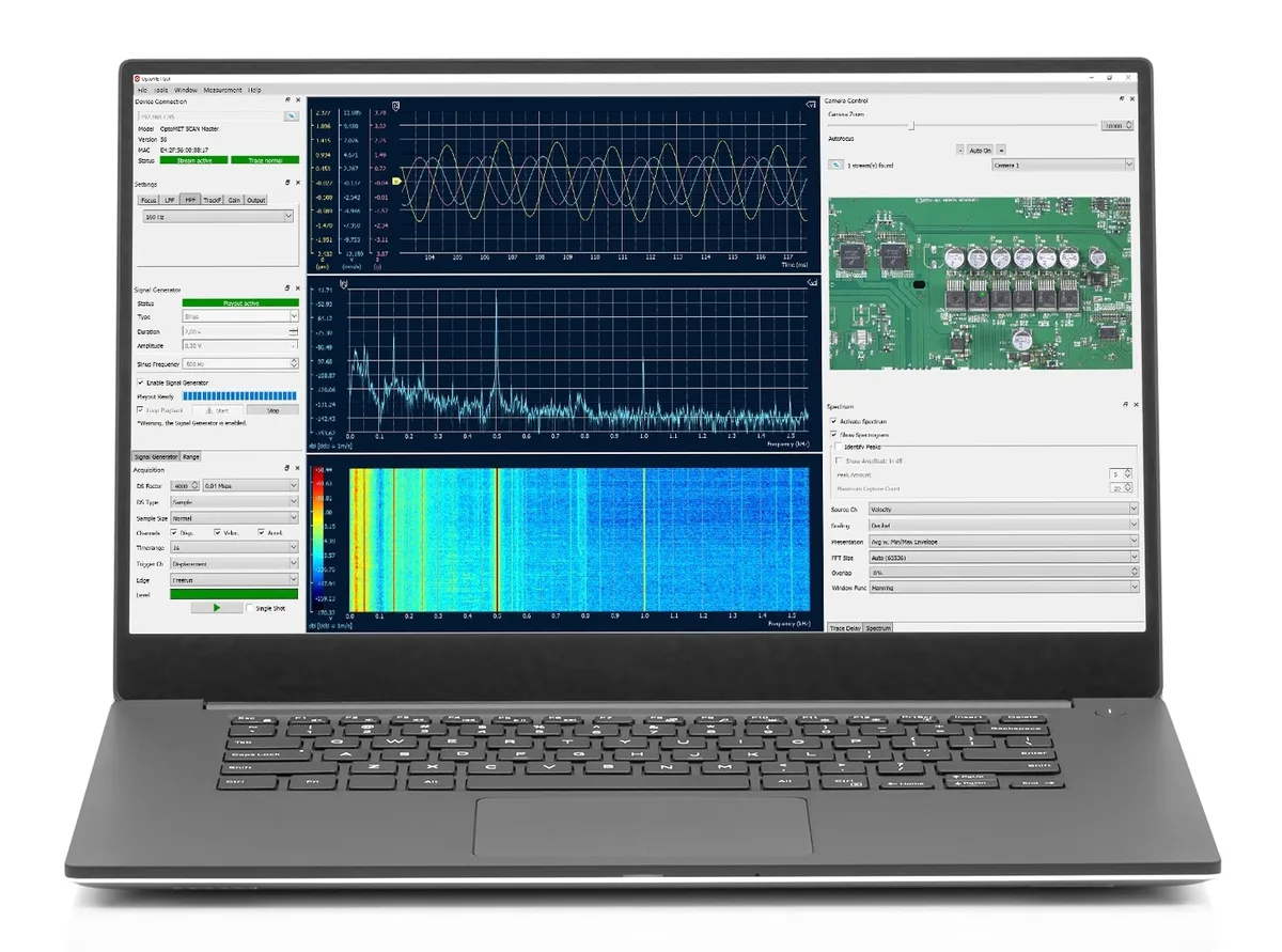 Logiciel de vibrométrie laser OptoGUI sur un ordinateur portable.