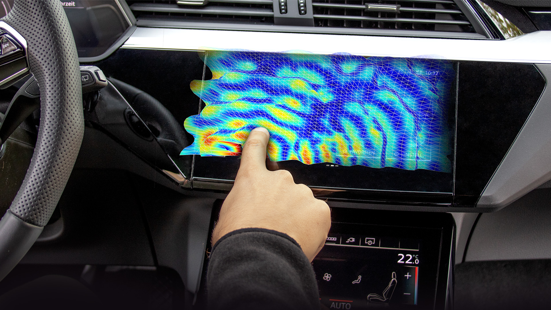 Mapa de calor de una medición de vibraciones en una interfaz táctil para automoción.
