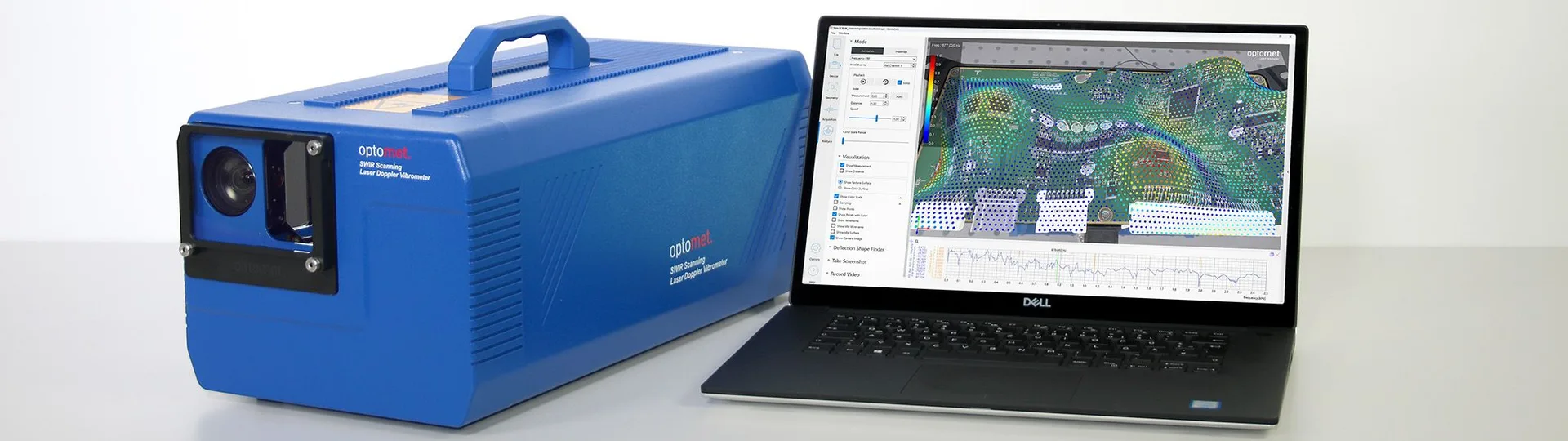 Vibromètre laser à balayage avec logiciel de mesure OptoGUI sur un ordinateur portable.