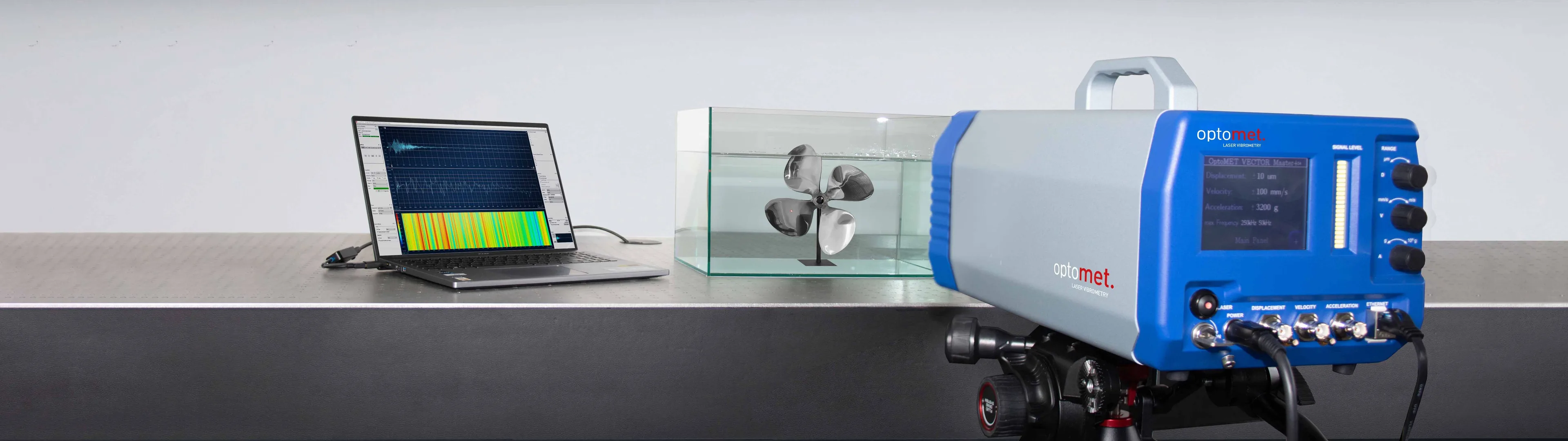 Optomet Vector laser vibrometer, configured for vibration measurements through water.