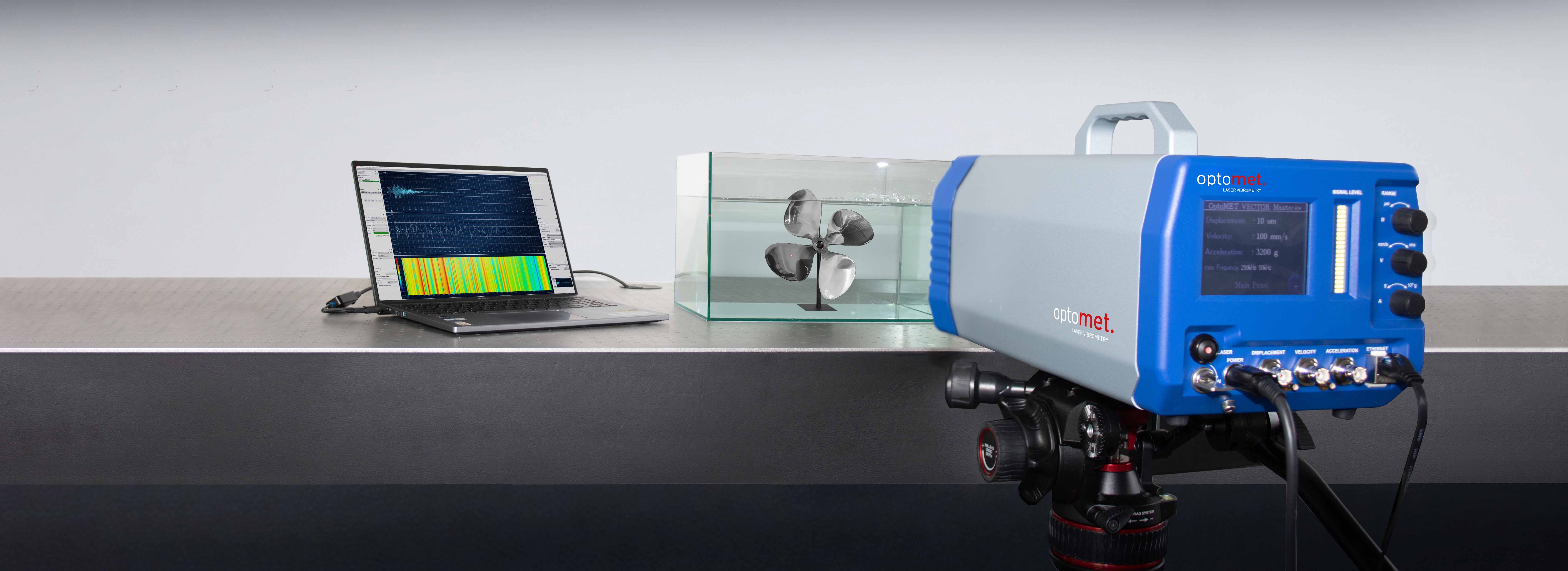 Optomet Vector laser vibrometer, configured for vibration measurements through water.