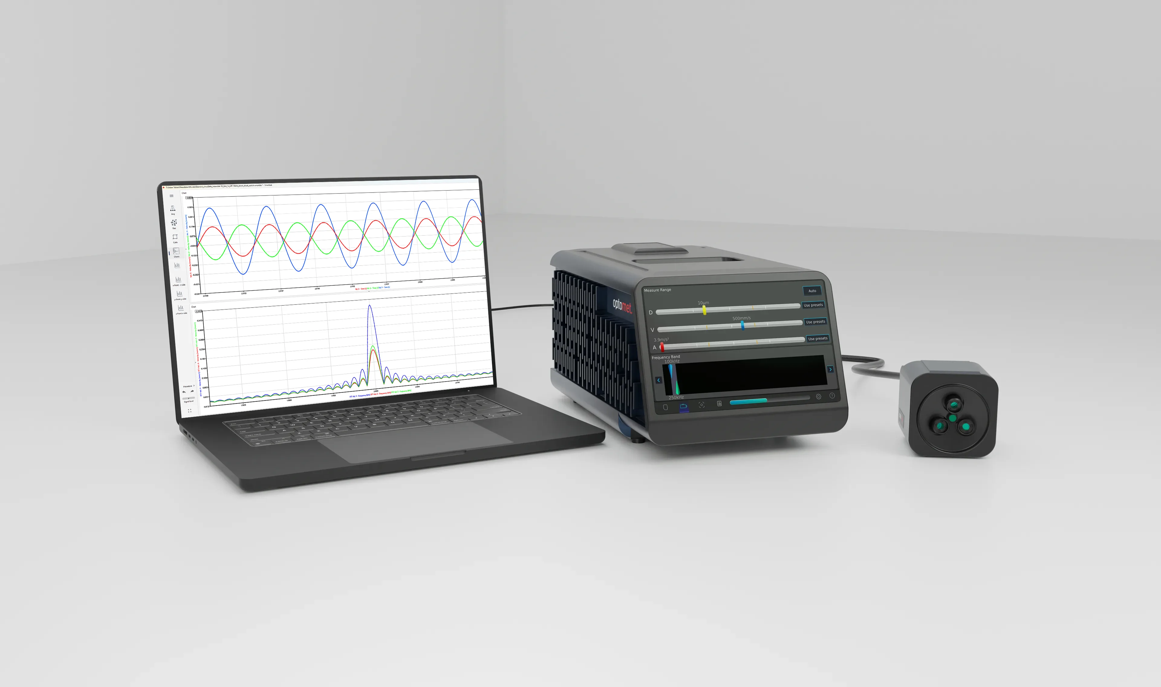 Vibromètre laser SMART 3D-Fiber avec logiciel d’affichage des signaux vibratoires synchronisés.