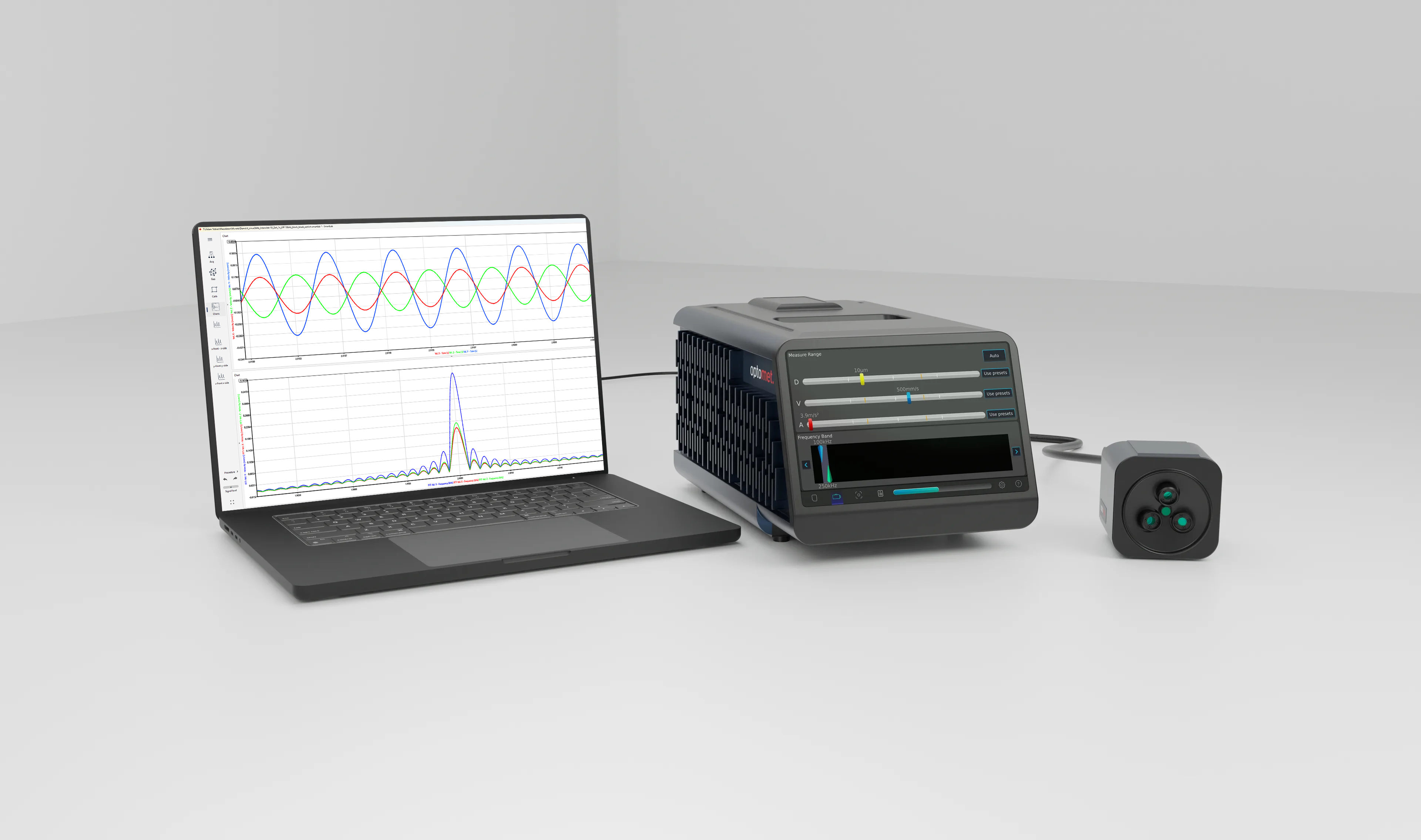 Vibrómetro láser SMART 3D-Fiber con software para visualizar señales de vibración sincronizadas.