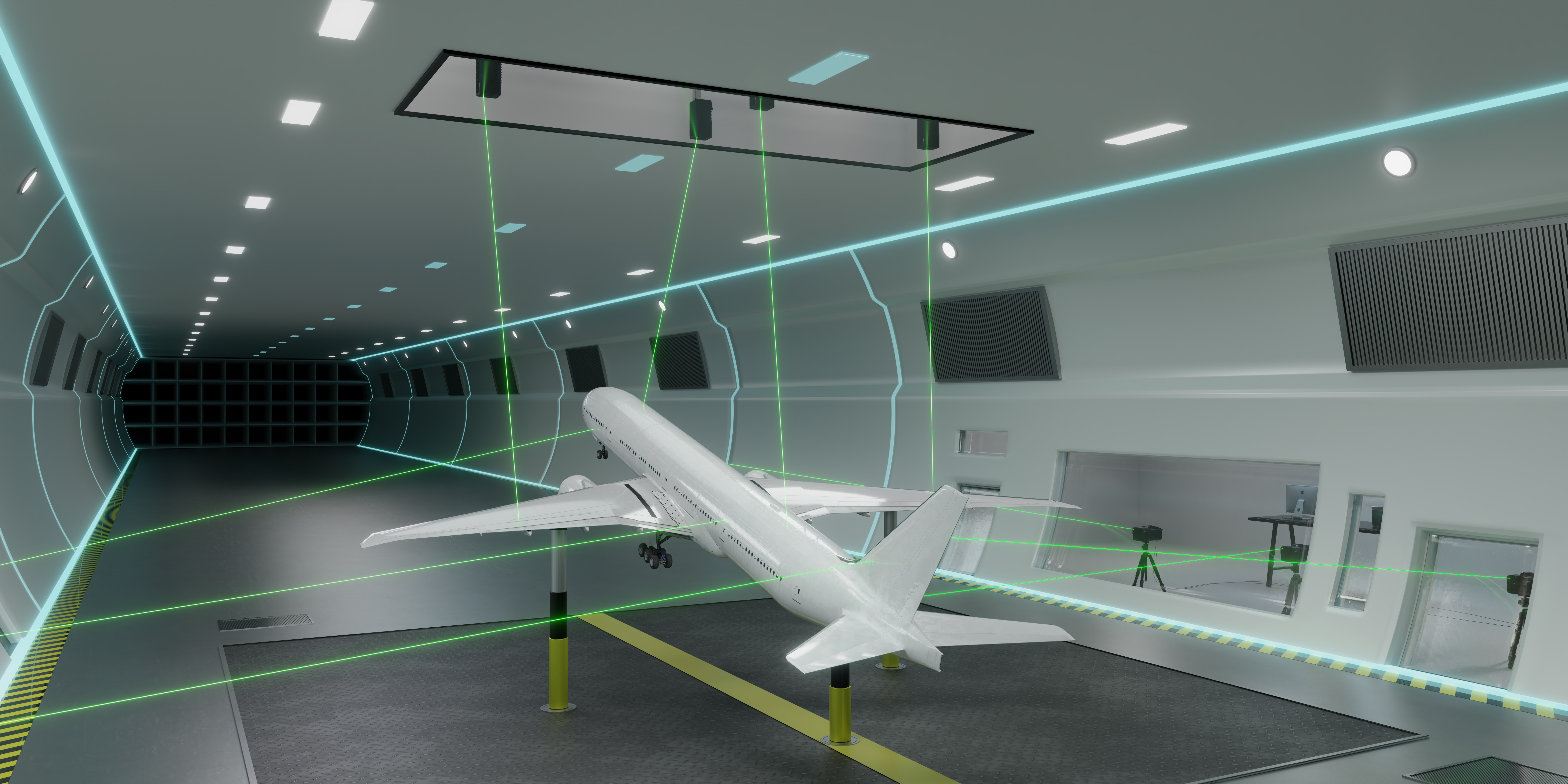 Modelo de avión en un túnel de viento para medir las vibraciones de toda la aeronave.