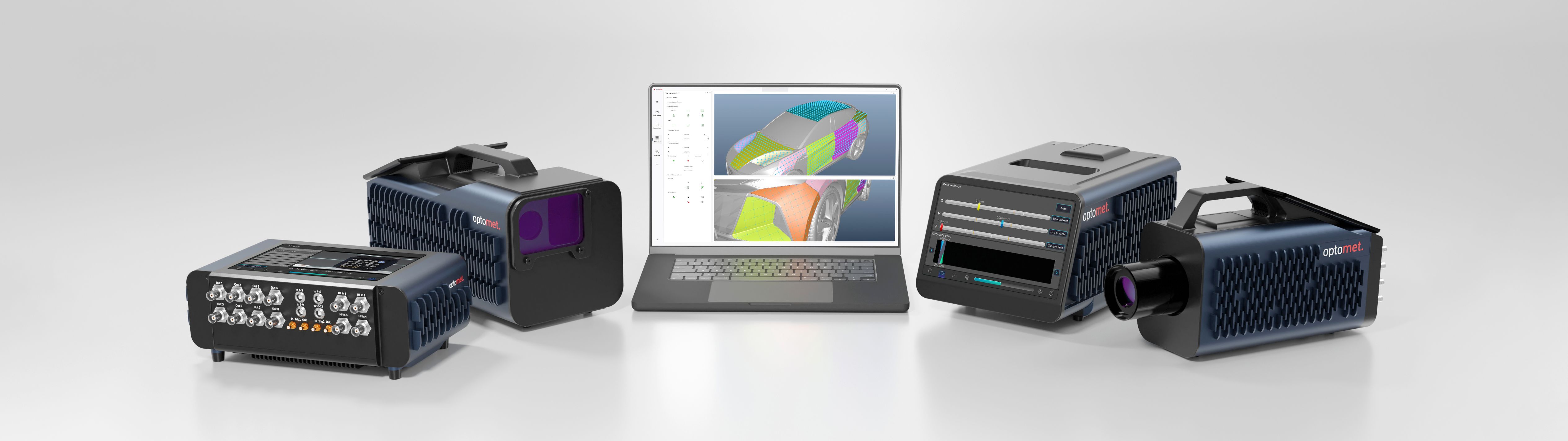 Familia de productos Optomet compuesta por vibrómetros láser, software y cabezales de medición.
