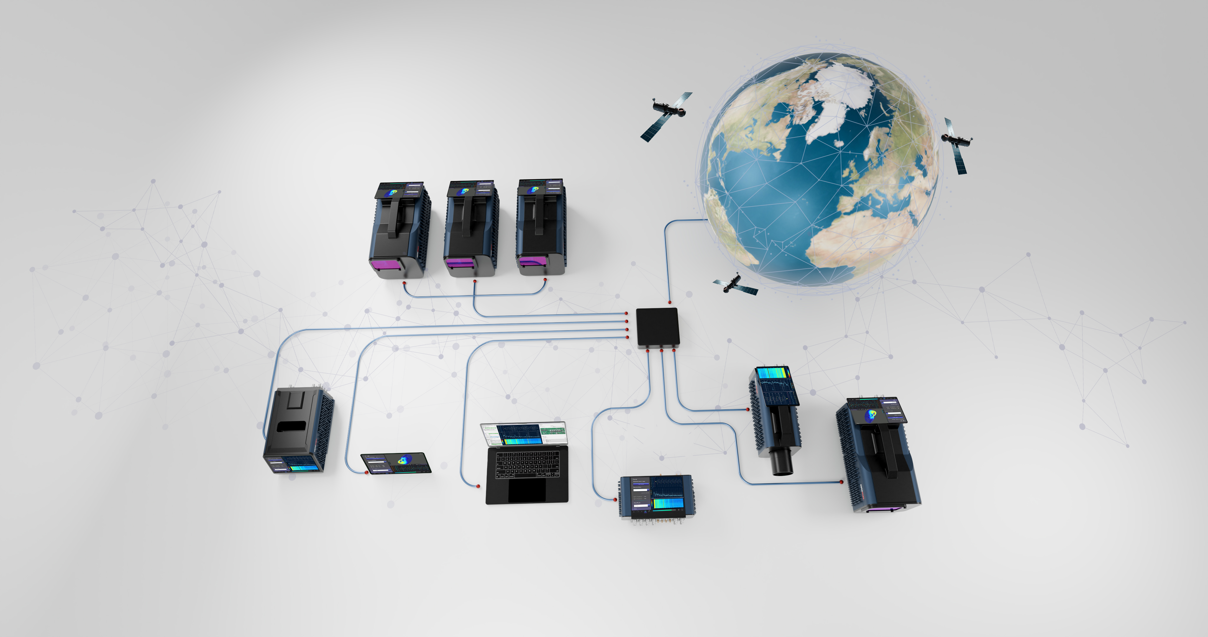 Familia de productos Optomet de vibrómetros láser, dispuestos en vista cenital.